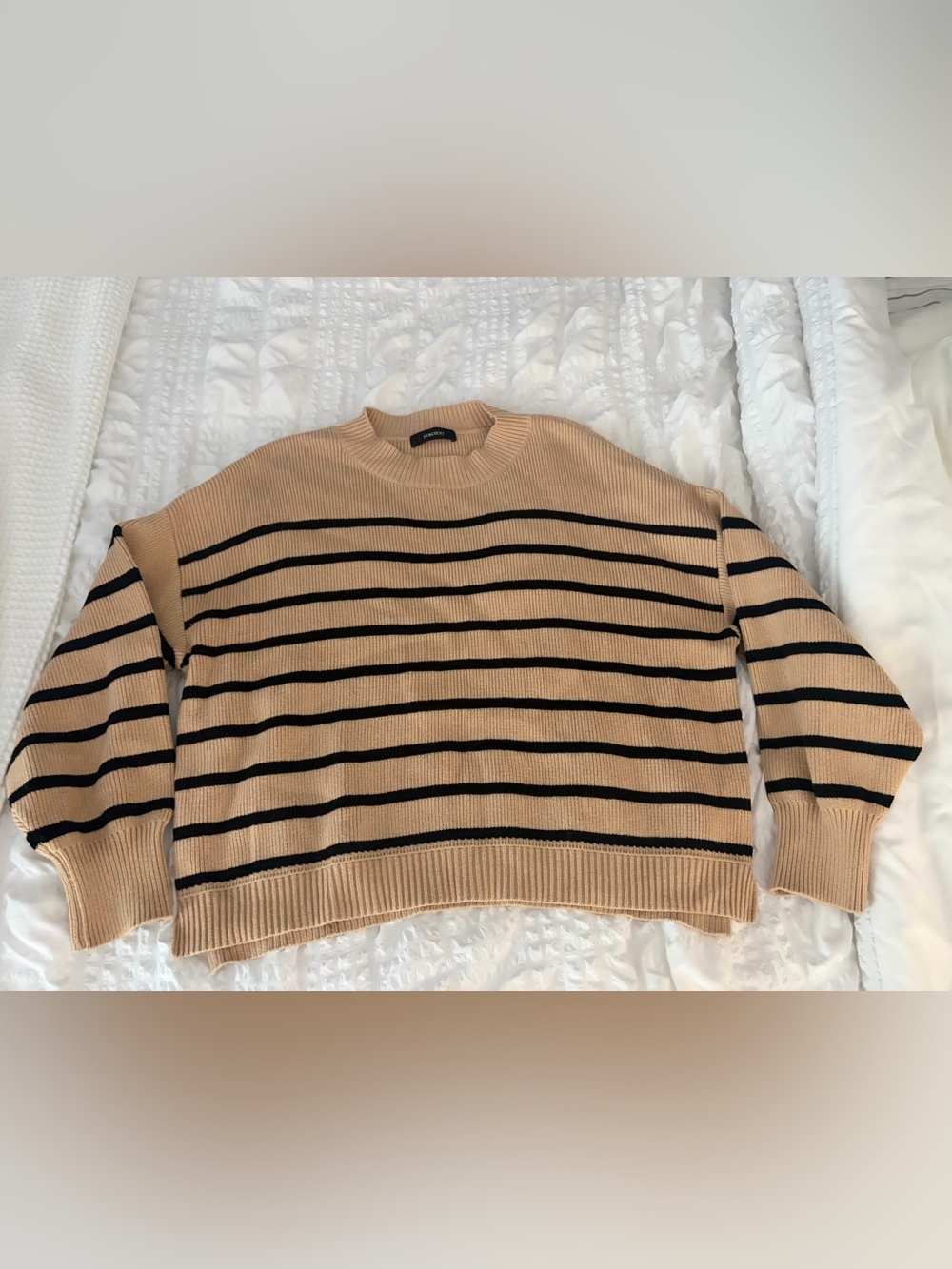 Beige and Black Striped Crewneck Sweater